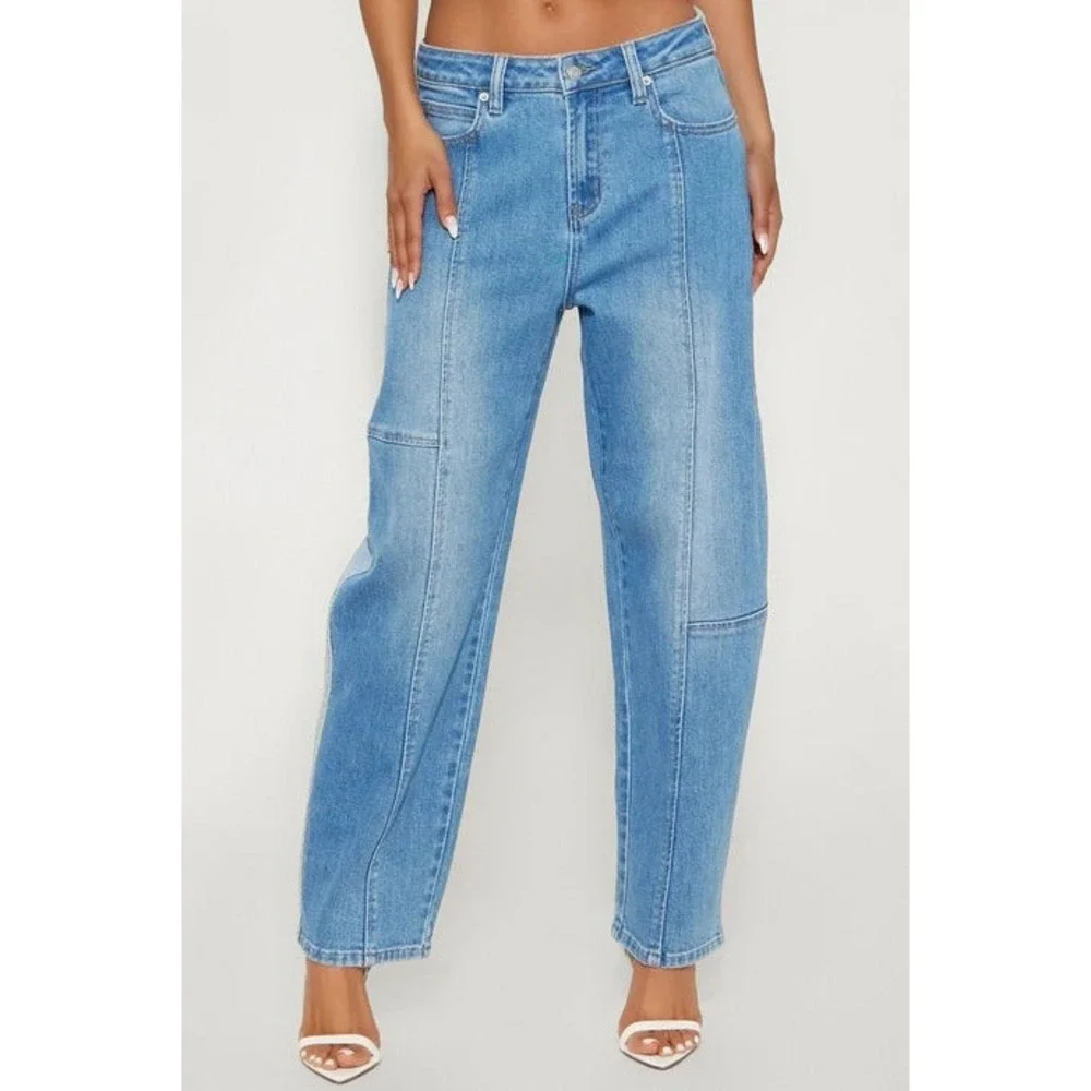fashion nova valencia‎ two tone blue barrel leg patchwork jeans
